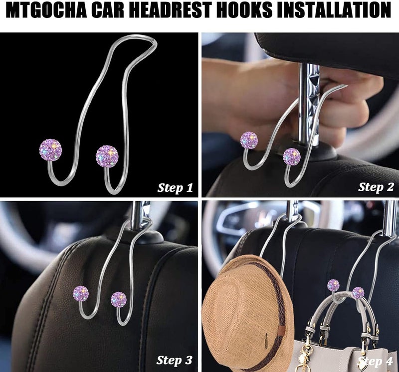 MTGOCHA Bling Purse Hook for Car Headrest, Upgraded Cute Car Seat Hooks for Bag Handbag, Durable Stainless Auto Purse Hanger Holder 2 Pack, Light Purple - Image 4
